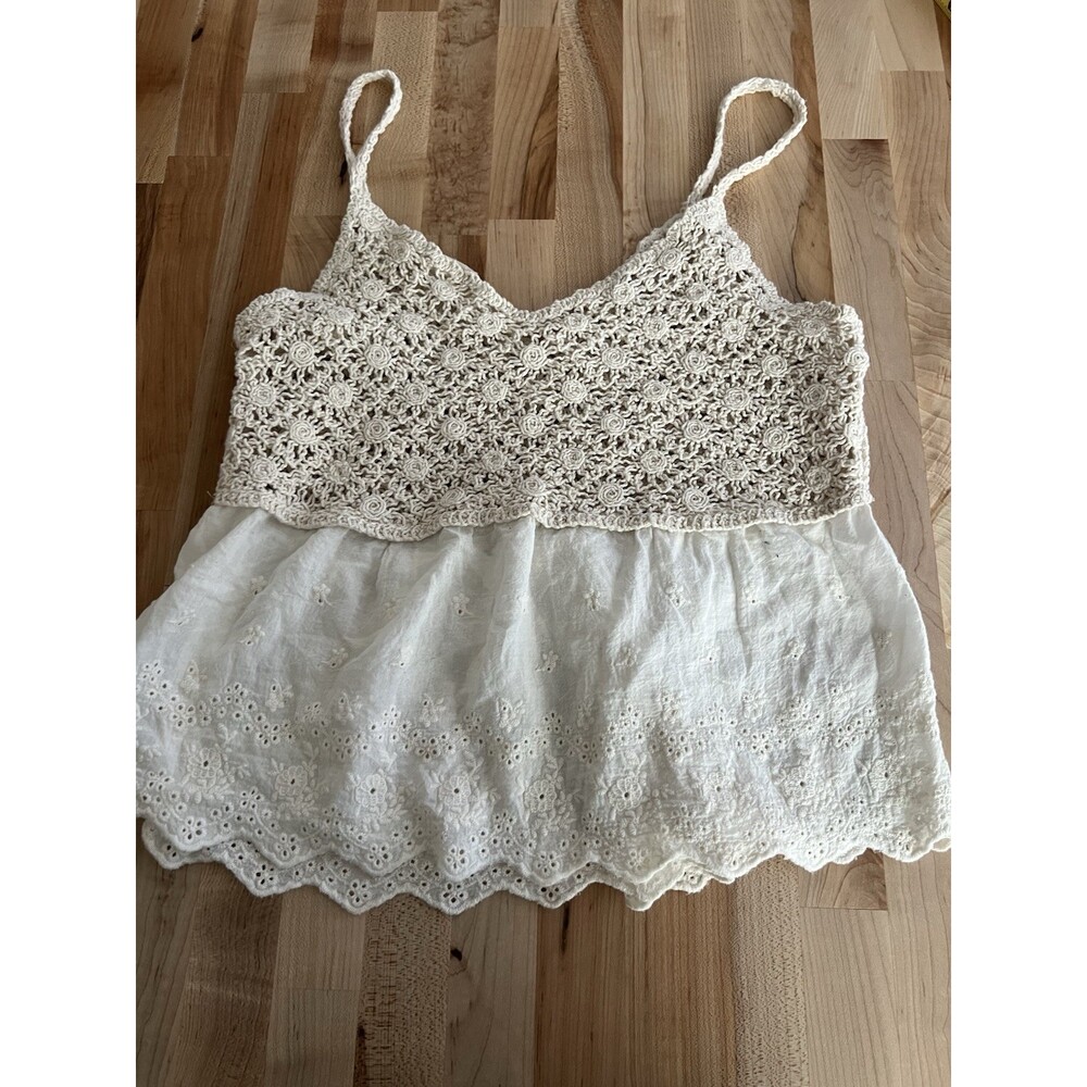 Women's Sleeveless Crop Camisole Tank Crochet Lace 100% Cotton Boho Festival S/M - Picture 2 of 7